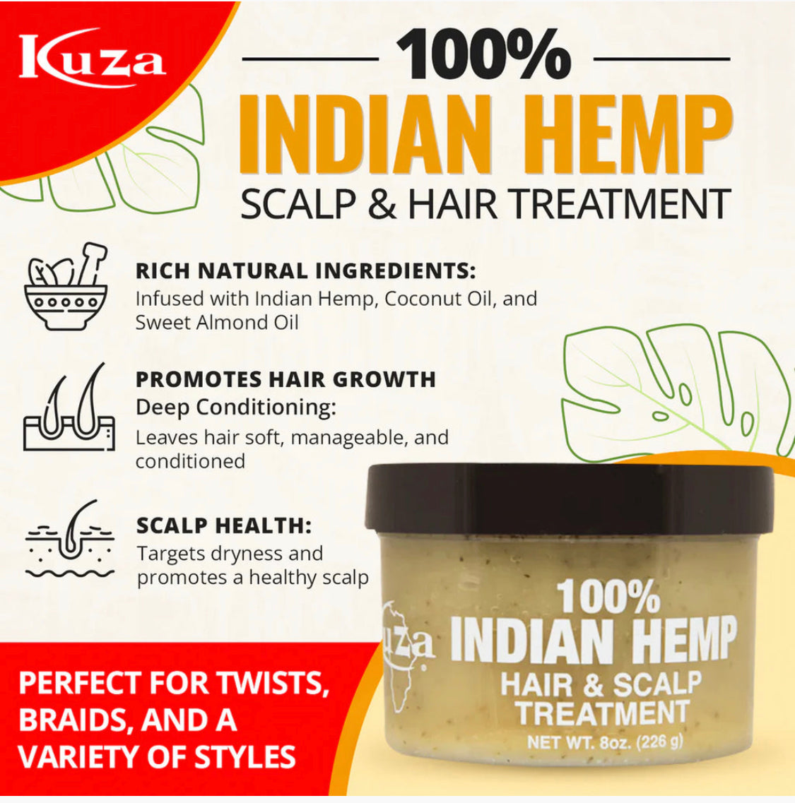 KUZA 100% INDIAN HEMP HAIR & SCALP TREATMENT 18OZ (JUMBO SIZE)