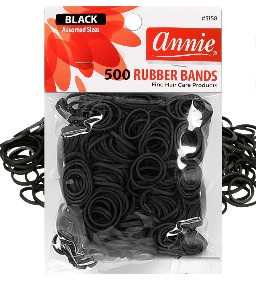 ANNIE RUBBER BANDS ASSORTED SIZES, 500 PIECE HAIR TIES, BLACK