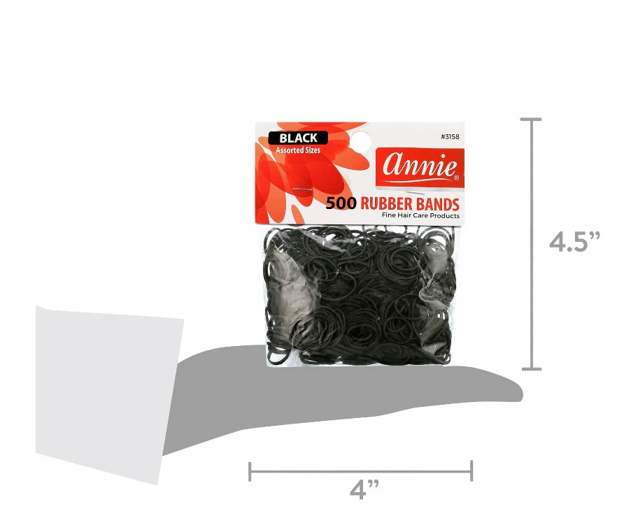 ANNIE RUBBER BANDS ASSORTED SIZES, 500 PIECE HAIR TIES, BLACK