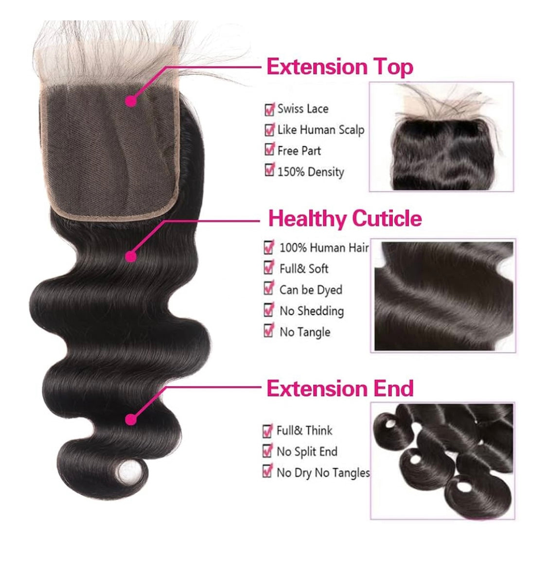 LACE CLOSURE + BUNDLE DEAL, BODY WAVE, 16" 18" 20" 5" x 5" HD LACE CLOSURE, COLOR (NATURAL BLACK)