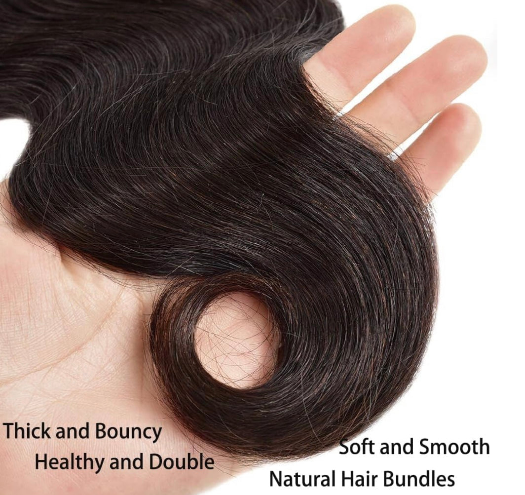 LACE CLOSURE + BUNDLE DEAL, BODY WAVE, 16" 18" 20" 5" x 5" HD LACE CLOSURE, COLOR (NATURAL BLACK)