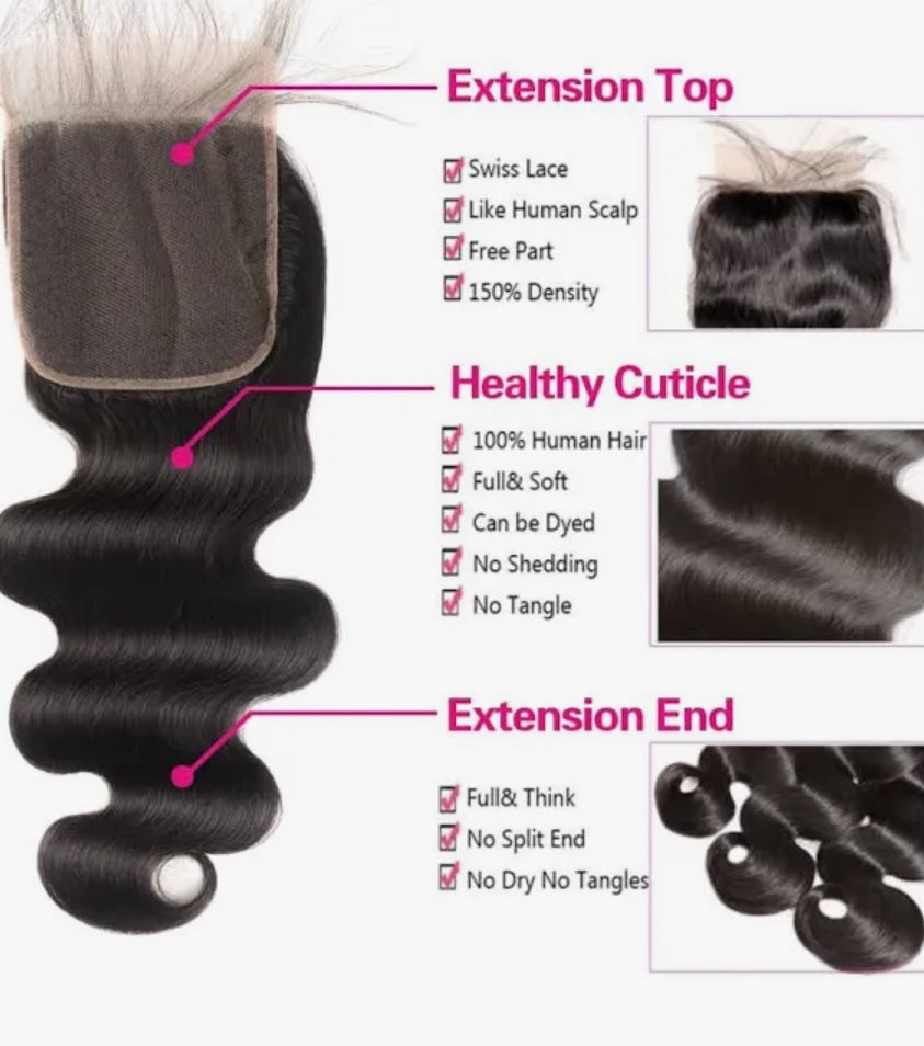 LACE CLOSURE + BUNDLE DEAL, BODY WAVE, 16" 18" 20" 5" x 5" HD LACE CLOSURE, COLOR (NATURAL BLACK)