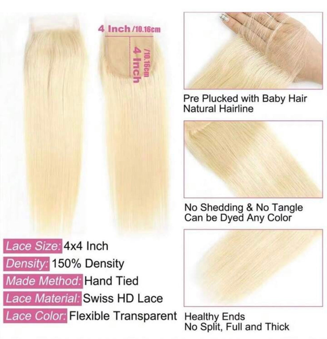 B&B EXPRESS GOLD 100% BRAZILIAN STRAIGHT VIRGIN HUMAN HAIR COLOR 613, 14" (4X4)