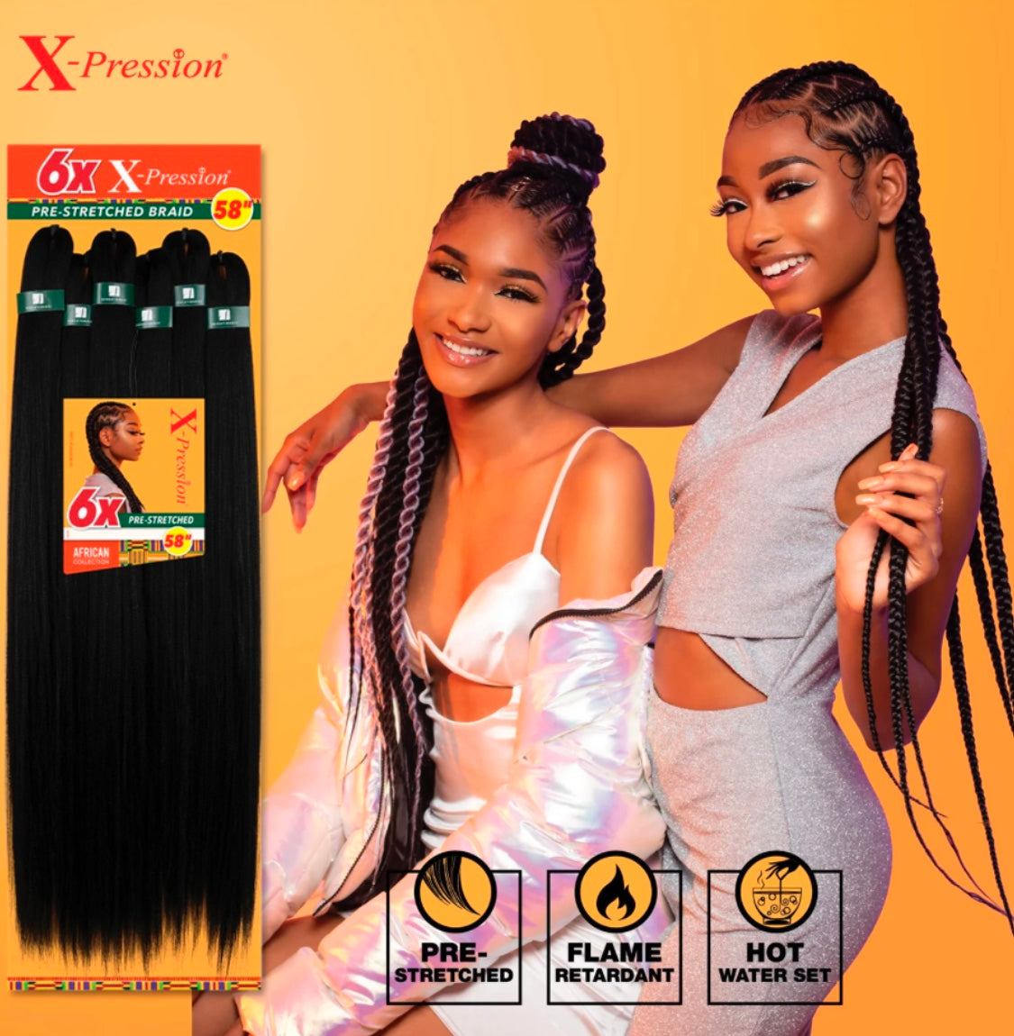 6x X-PRESSION PRE-STRETCHED BRAID 58″