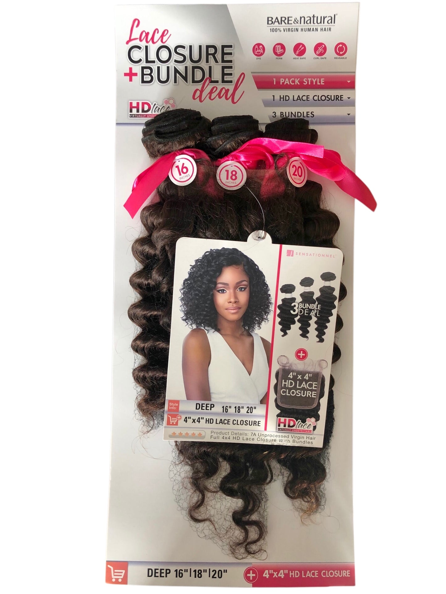 LACE CLOSURE + BUNDLE DEAL, BODY WAVE 16" 18" 20", 4"x 4" HD LACE CLOSURE, COLOR (NATURAL)