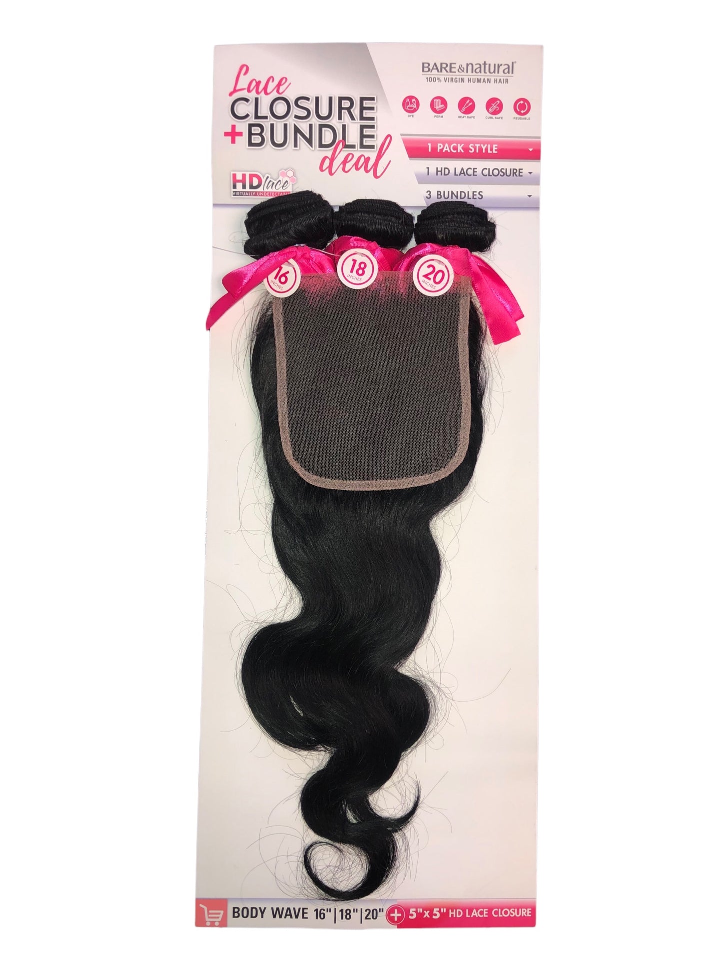 LACE CLOSURE + BUNDLE DEAL, BODY WAVE, 16" 18" 20" 5" x 5" HD LACE CLOSURE, COLOR (NATURAL BLACK)