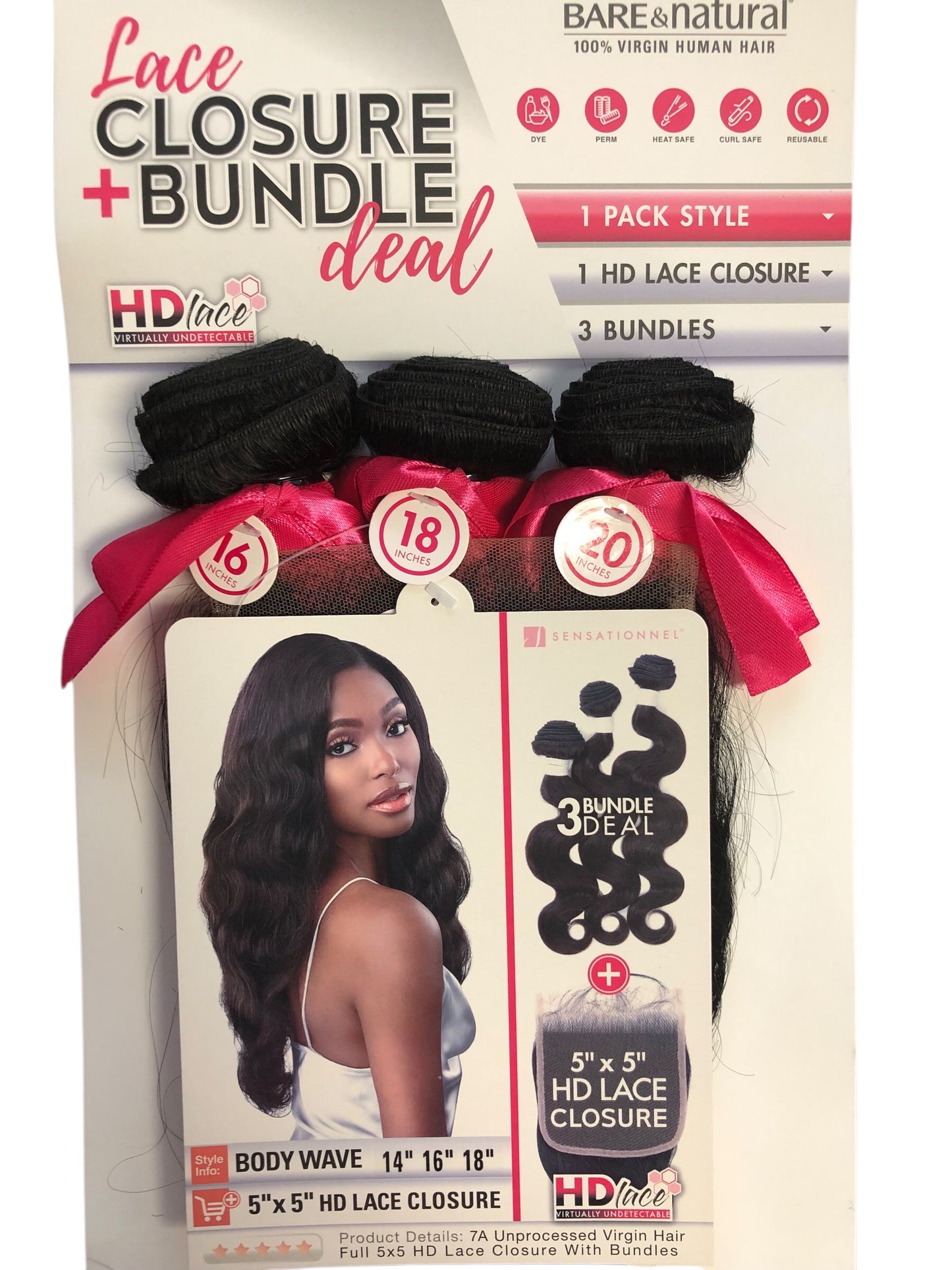 LACE CLOSURE + BUNDLE DEAL, BODY WAVE, 16" 18" 20" 5" x 5" HD LACE CLOSURE, COLOR (NATURAL BLACK)