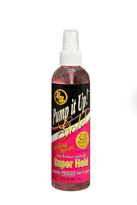 BRONNER BROS PUMP IT UP GOLD STYLING SPRITZ SUPER HOLD - 8 OZ