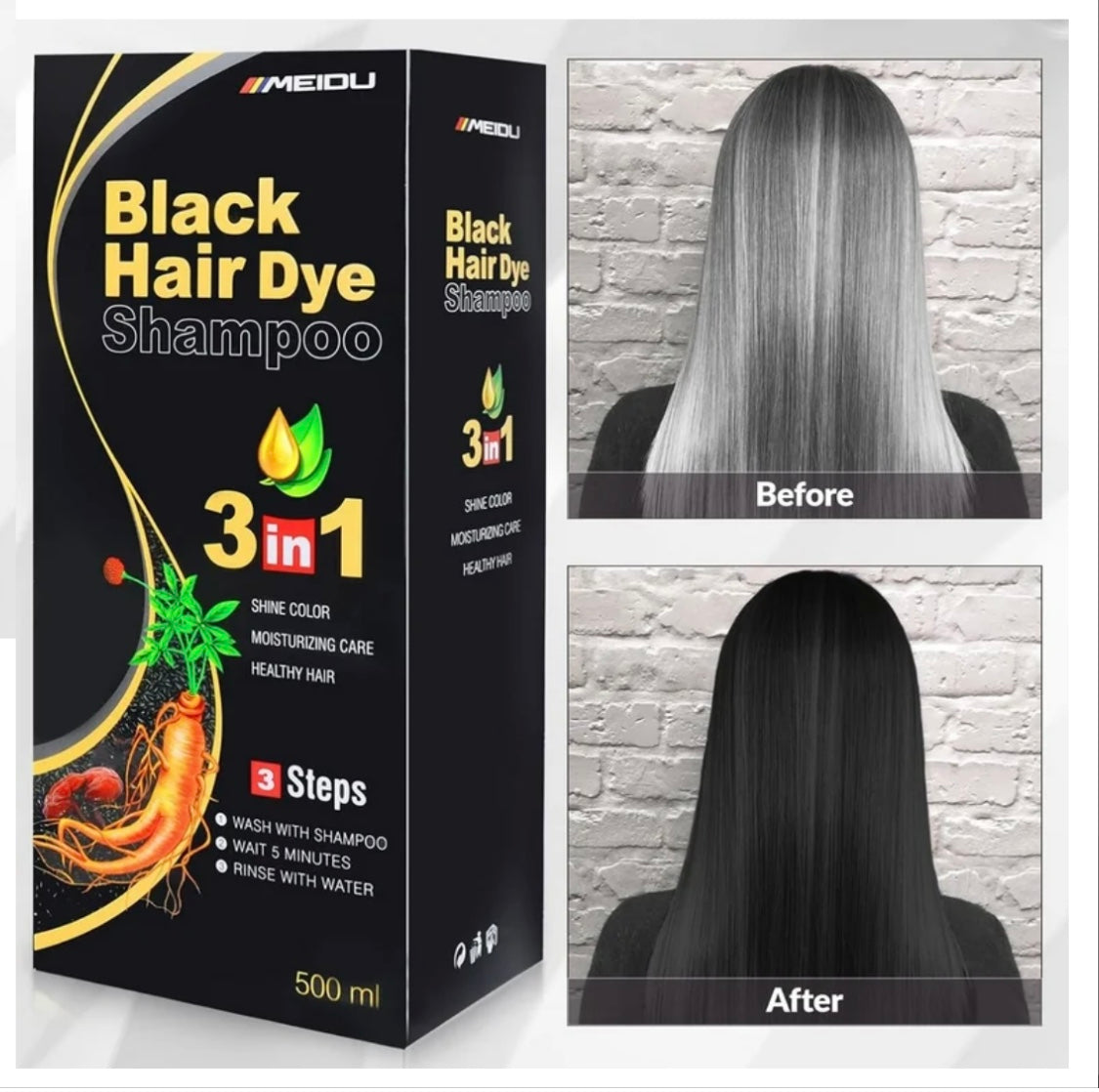 MEIDU Black Hair Dye Shampoo for 100% Gray Hair Coverage