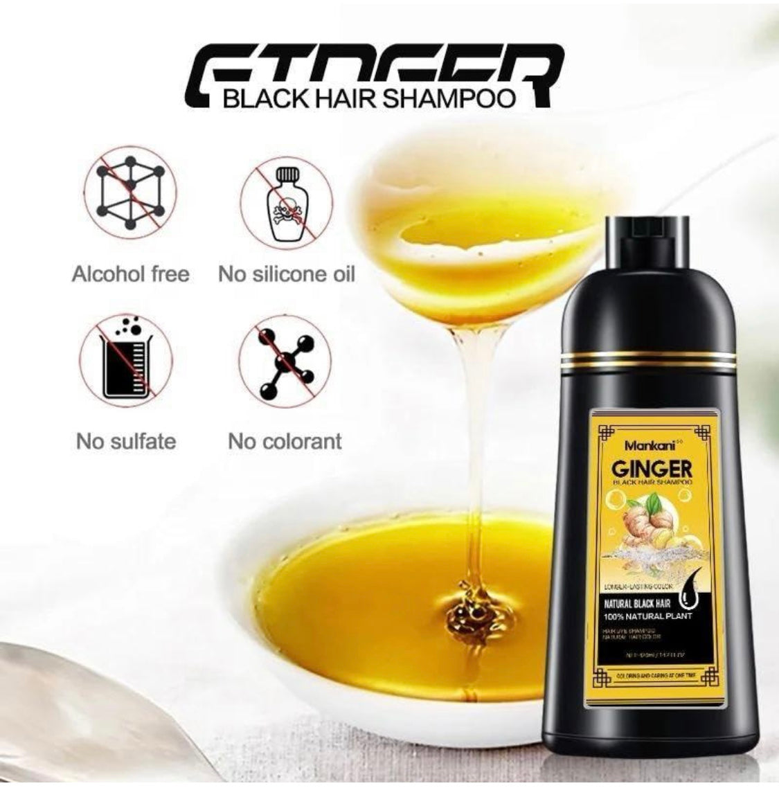 Ginger Black Hair Shampoo 500ml 16.9 fl oz. Longer-Lasting Color Natural Plant Extract