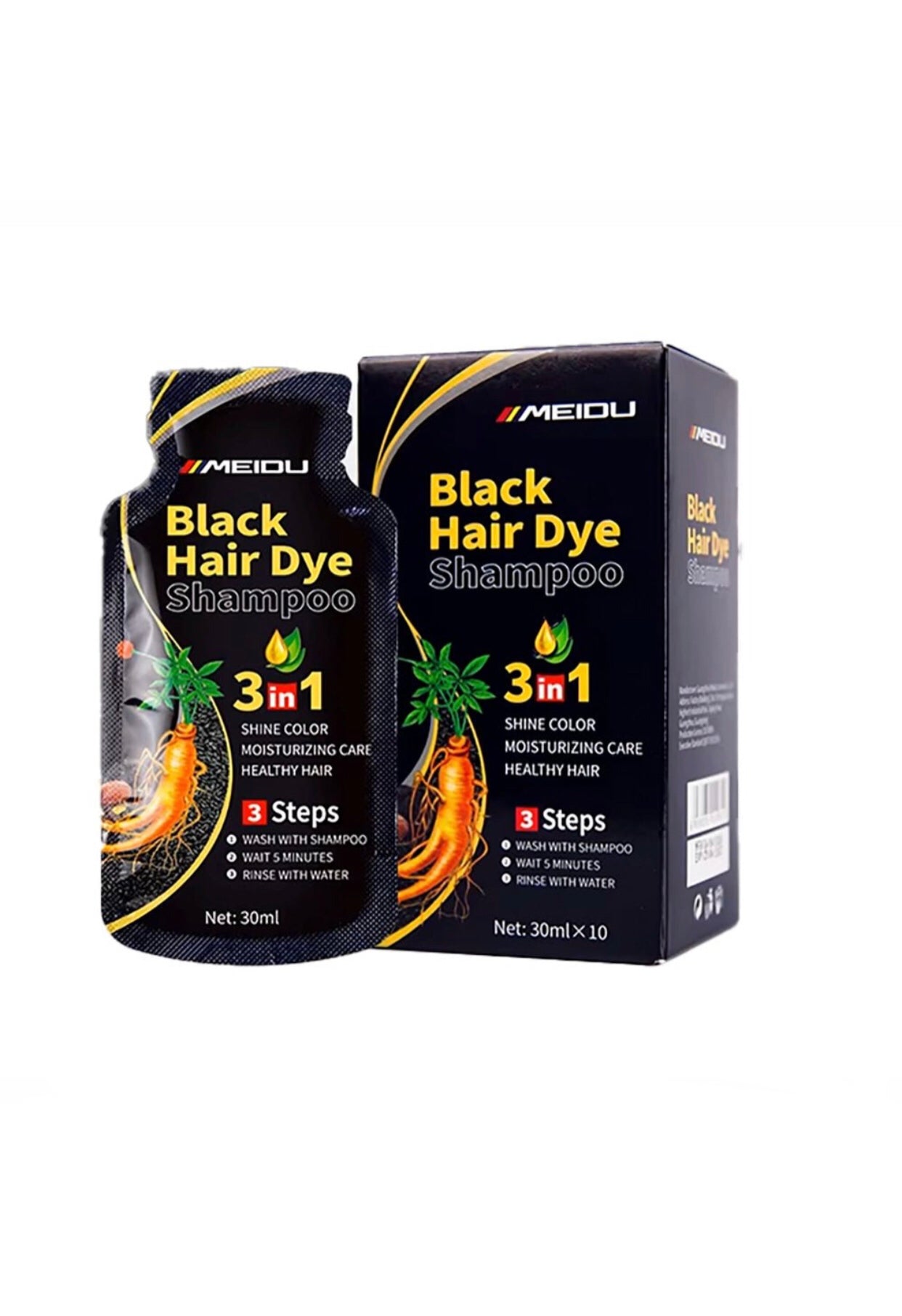 Meidu 3-in-1 Black Hair Dye Shampoo – 30ml Travel Size | Fast Herbal Color
