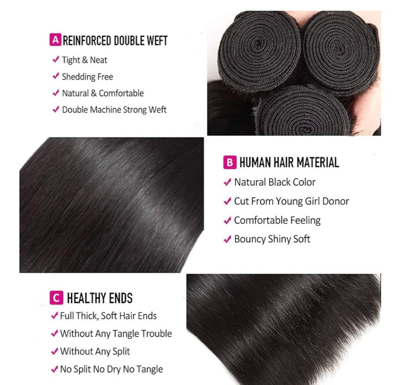 BRAZILIAN STRAIGHT UNPROCESSED 100% HUMAN HAIR VIRGIN REMY 12" 14" 16"