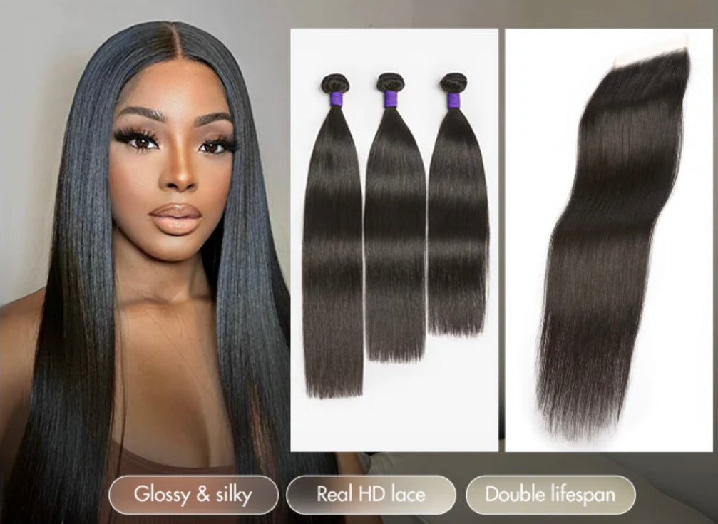 LACE CLOSURE + BUNDLE DEAL, STRAIGHT 18" 20" 22",  4" x 4" HD LACE CLOSURE, COLOR (NATURAL)