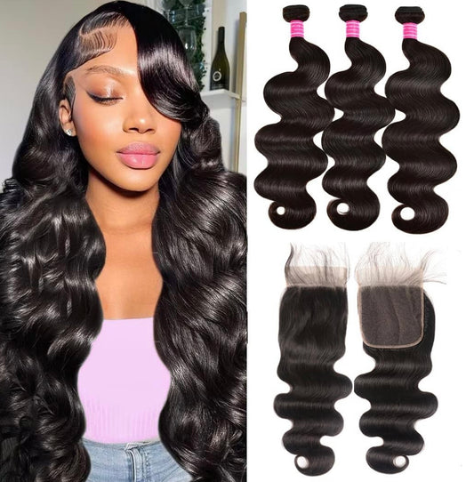 LACE CLOSURE + BUNDLE DEAL, BODY WAVE 10" 12" 14",  13" x 4" HD LACE CLOSURE, COLOR (NATURAL BLACK)