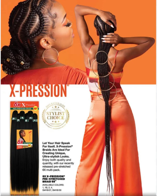 6x X-PRESSION PRE-STRETCHED BRAID 58″