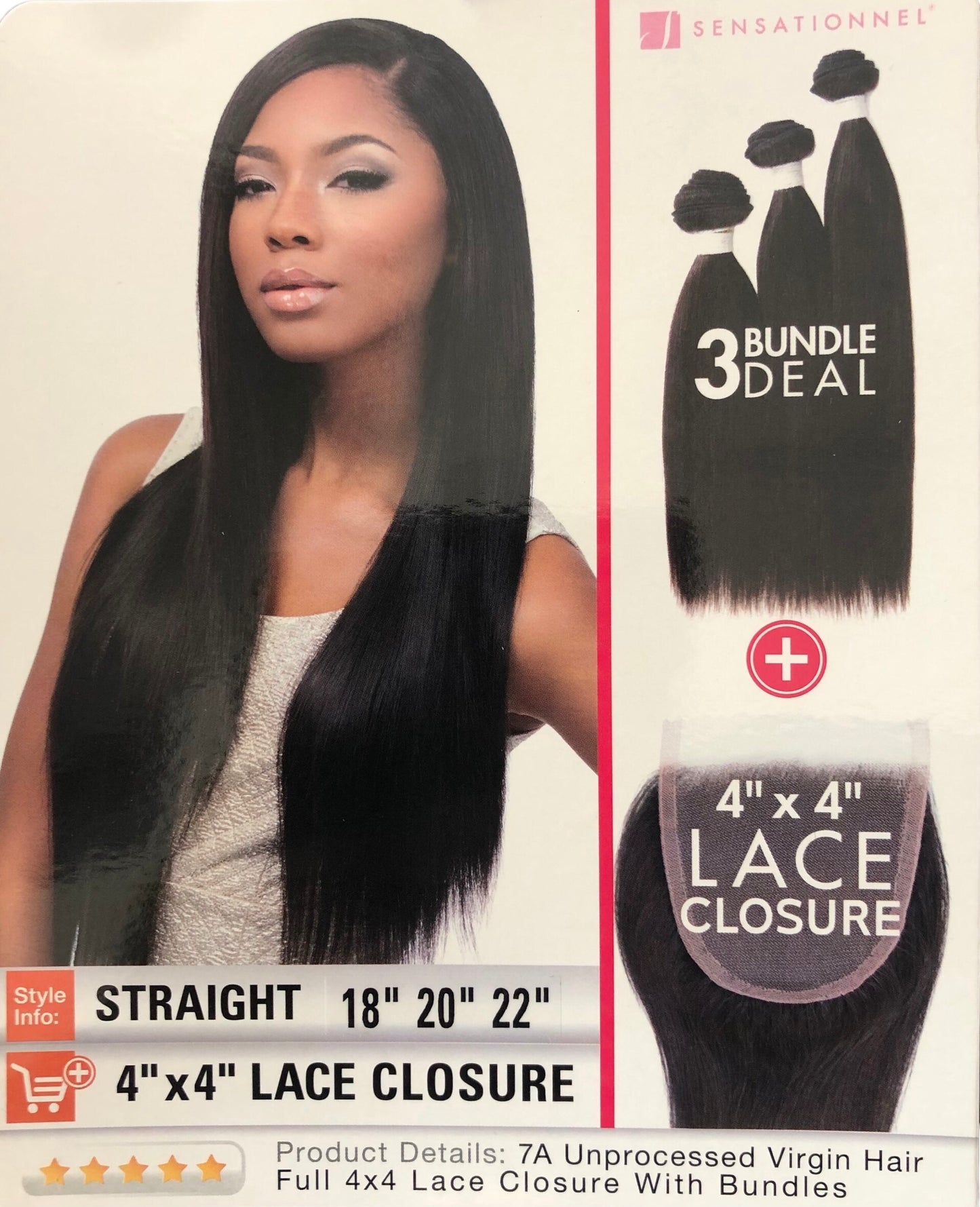 LACE CLOSURE + BUNDLE DEAL, STRAIGHT 18" 20" 22",  4" x 4" HD LACE CLOSURE, COLOR (NATURAL)