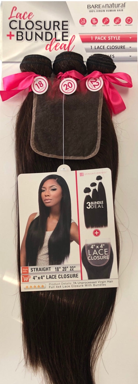 LACE CLOSURE + BUNDLE DEAL, STRAIGHT 18" 20" 22",  4" x 4" HD LACE CLOSURE, COLOR (NATURAL)
