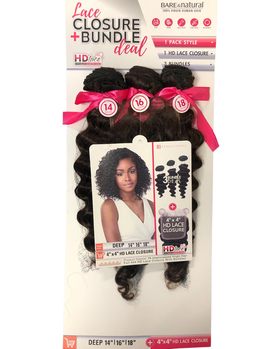 LACE CLOSURE + BUNDLE DEAL, DEEP 14" 16" 18", 4" x 4" HD LACE CLOSURE, COLOR (NATURAL)